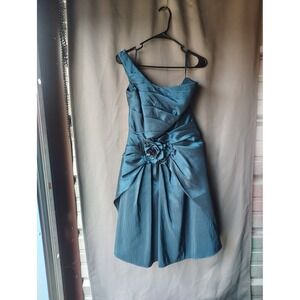 Andrew Adela Teal Blue One Shoulder Floral RosetteTaffeta Cocktail Dress 6 2073S